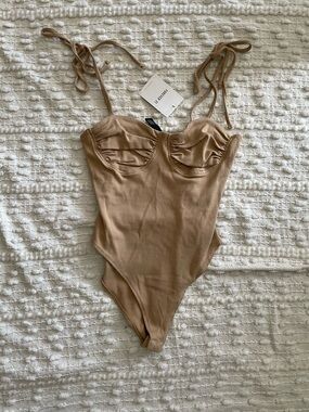 Forever 21 Ribbed Tie-Shoulder Bandeau Bodysuit in Tan